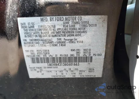 2006 Mercury Montego Premier z USA, uszkodzony, nr VIN 1MEHM43136G601663